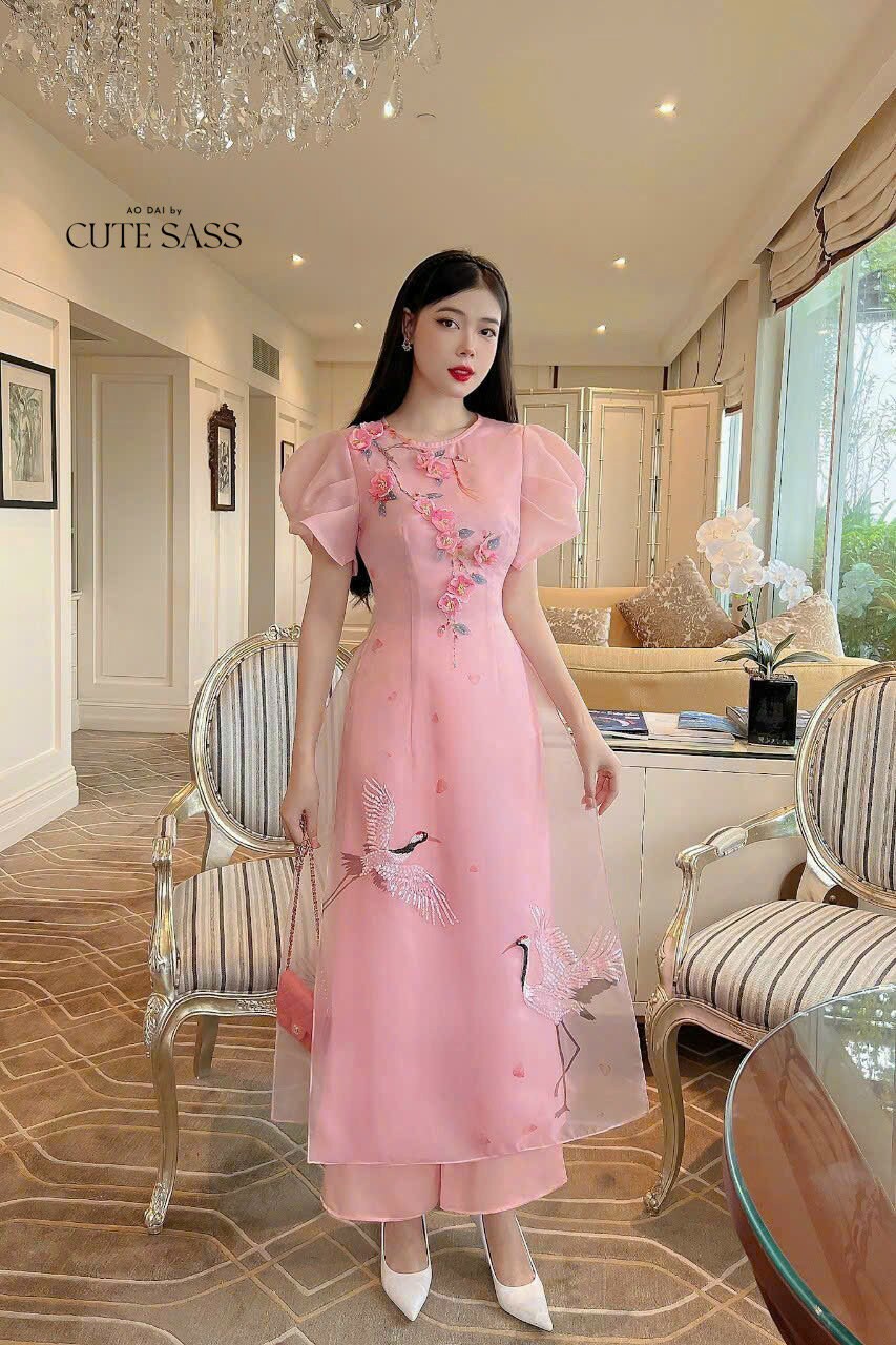 Pink Short Sleeves 3D Branches Ao Dai Set | Pre-made Modernized Vietnamese Ao Dai | Ao Dai Viet Nam | Lunar New Year | Ao Dai Cach Tan|