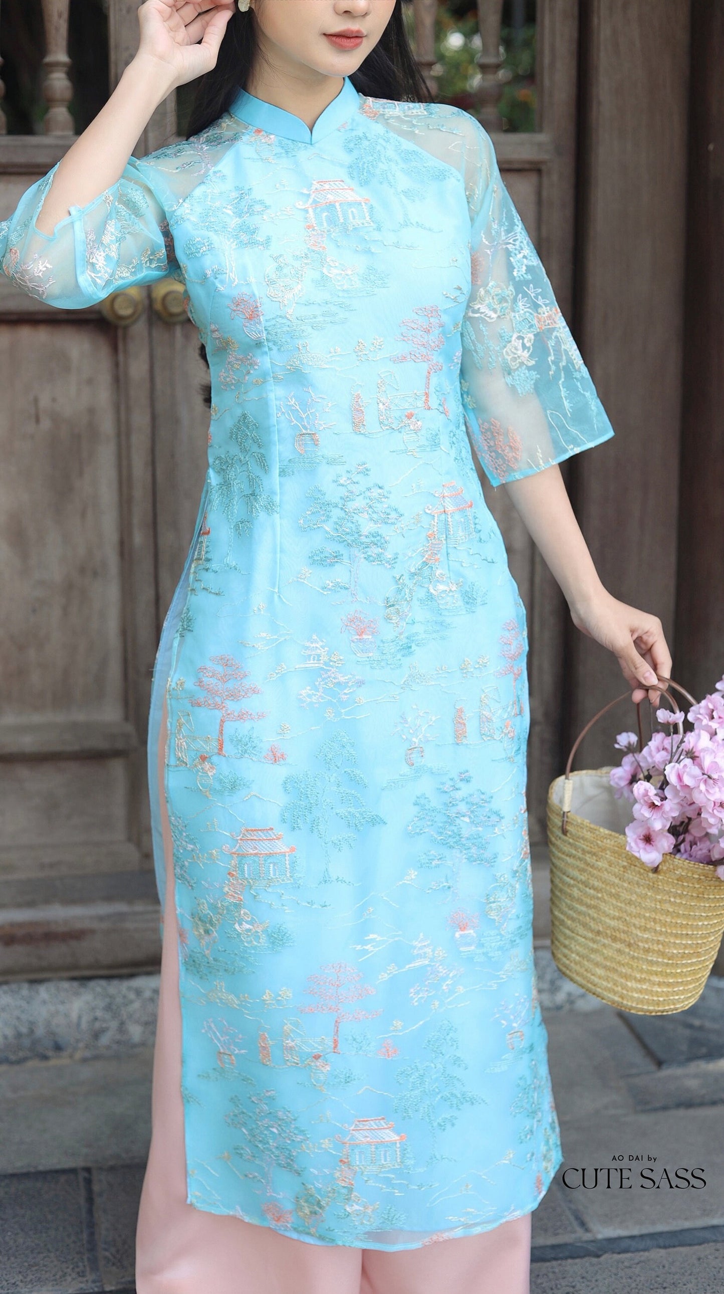 Tu Minh - Blue Ao Dai Set | Pre-made Traditional Vietnamese Ao Dai| Women Ao Dai with Pants | Lunar New Year| Ao Dai Truyen Thong|