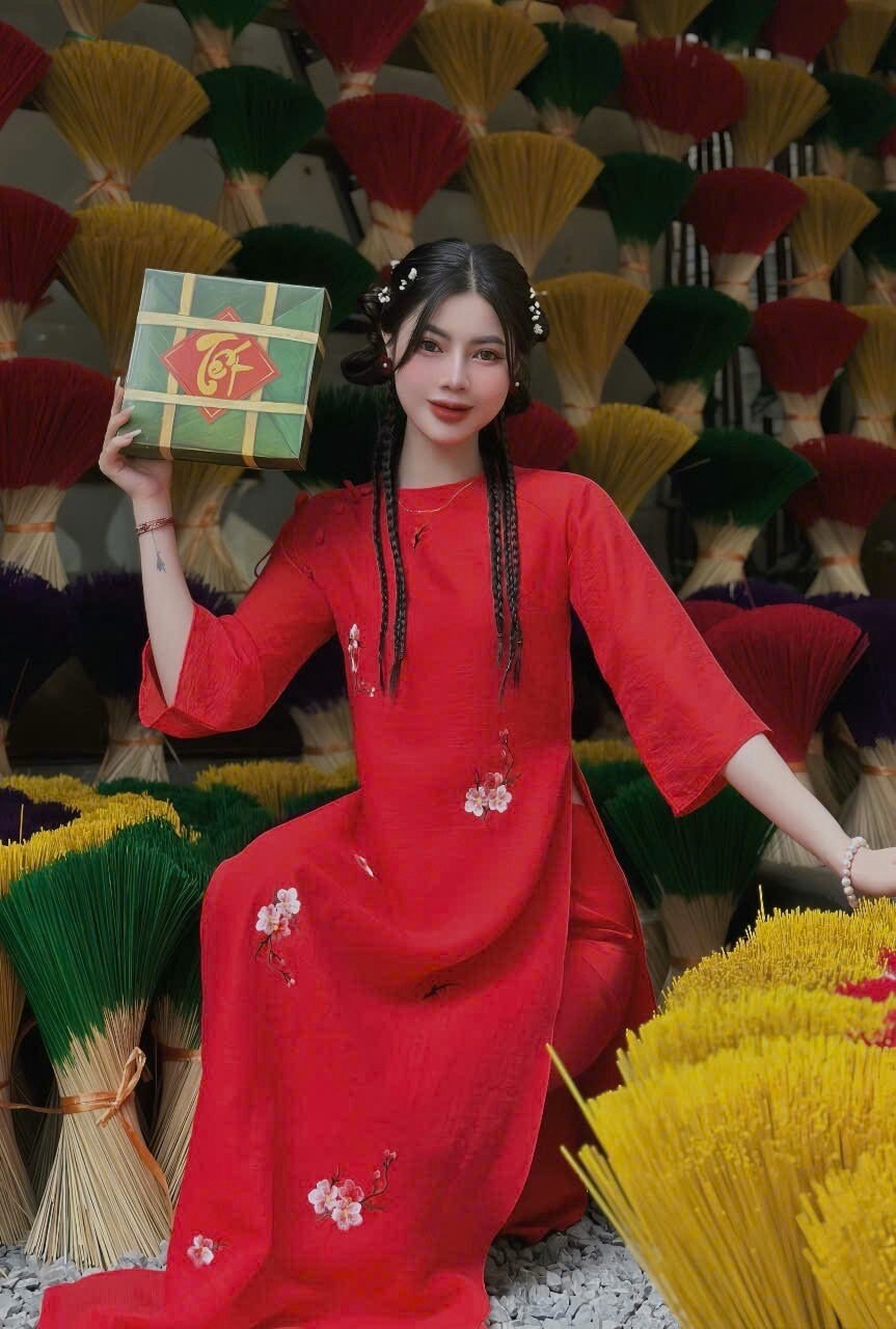 Shifted Red Chiffon Embroidery Ao Dai Set (3 Patterns)| Pre-made Modernized Vietnamese Ao Dai | Pastel Ao Dai|Lunar New Year|