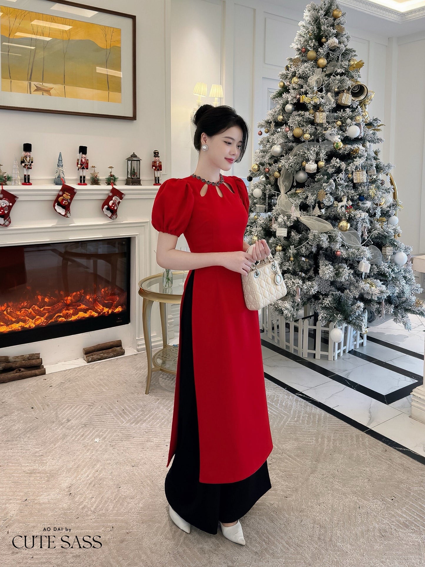 Anh Minh - Red Cut Out Sparkle Ao Dai Set| Pre-made Modernized Vietnamese Ao Dai|Ao Dai with Skirt | Lunar New Year|Ao Dai Cach Tan|