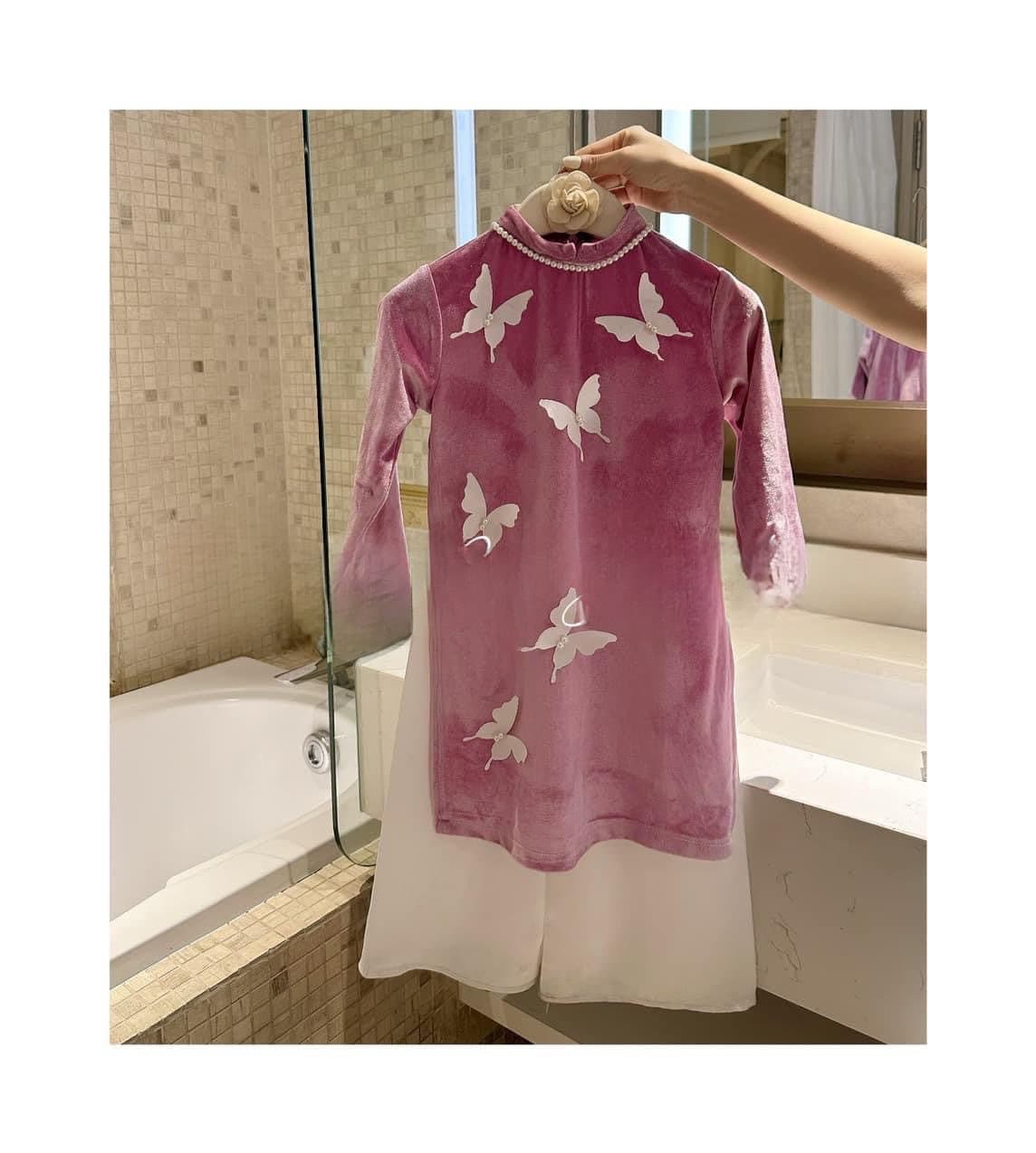 Girl Velvet Butterflies Ao Dai Set (Red, Pink) | Pre-made Traditional Vietnamese Ao Dai| Lunar New Year | Ao Dai for Girl | Ao Dai Tet |