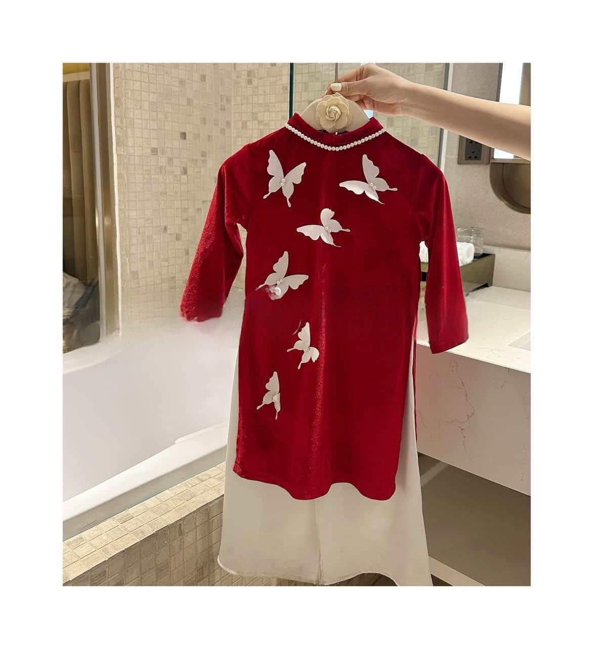 Girl Velvet Butterflies Ao Dai Set (Red, Pink) | Pre-made Traditional Vietnamese Ao Dai| Lunar New Year | Ao Dai for Girl | Ao Dai Tet |
