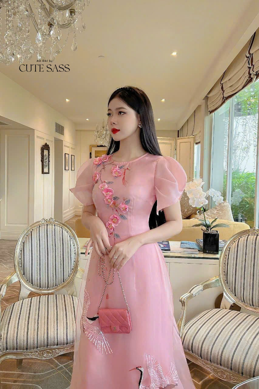 Pink Short Sleeves 3D Branches Ao Dai Set | Pre-made Modernized Vietnamese Ao Dai | Ao Dai Viet Nam | Lunar New Year | Ao Dai Cach Tan|