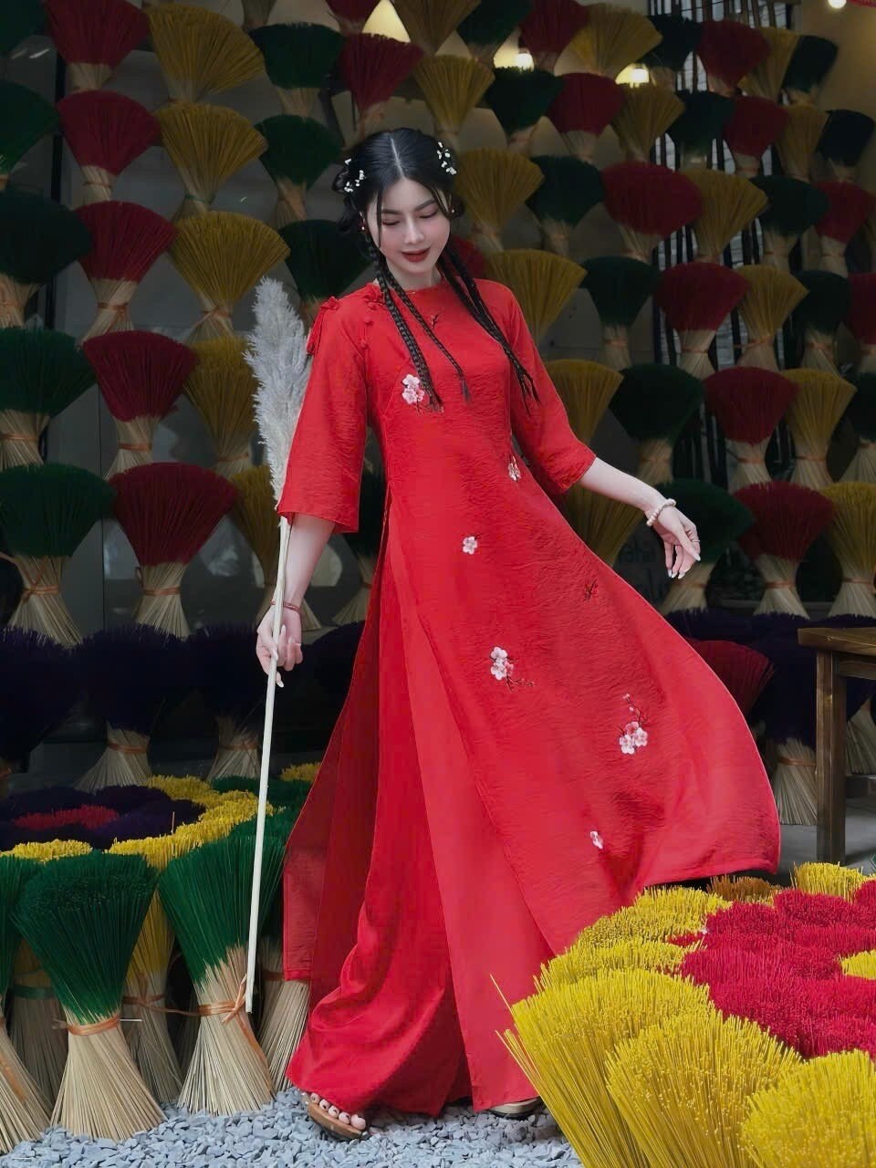 Shifted Red Chiffon Embroidery Ao Dai Set (3 Patterns)| Pre-made Modernized Vietnamese Ao Dai | Pastel Ao Dai|Lunar New Year|