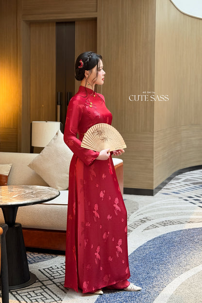 Red Silk Long Sleeve High Collar Ao Dai Set