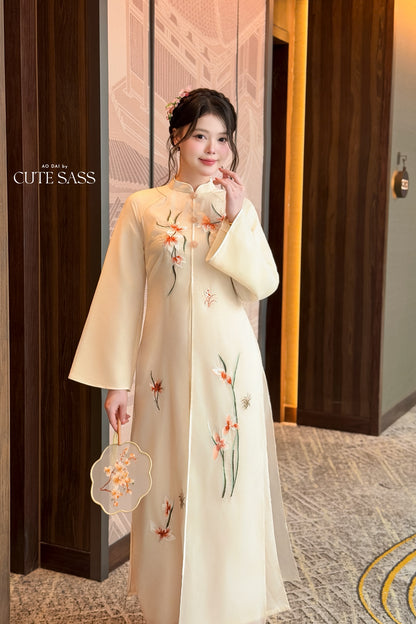 Cream Front Slit Embroidery Iris Chiffon Ao Dai Top Only, No Pants