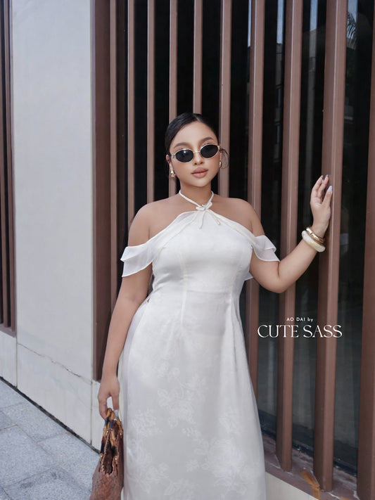 Linh Vy - Hush White Halter Off Shoulder Wing Sleeves Ao Dai Top Only, No Pants