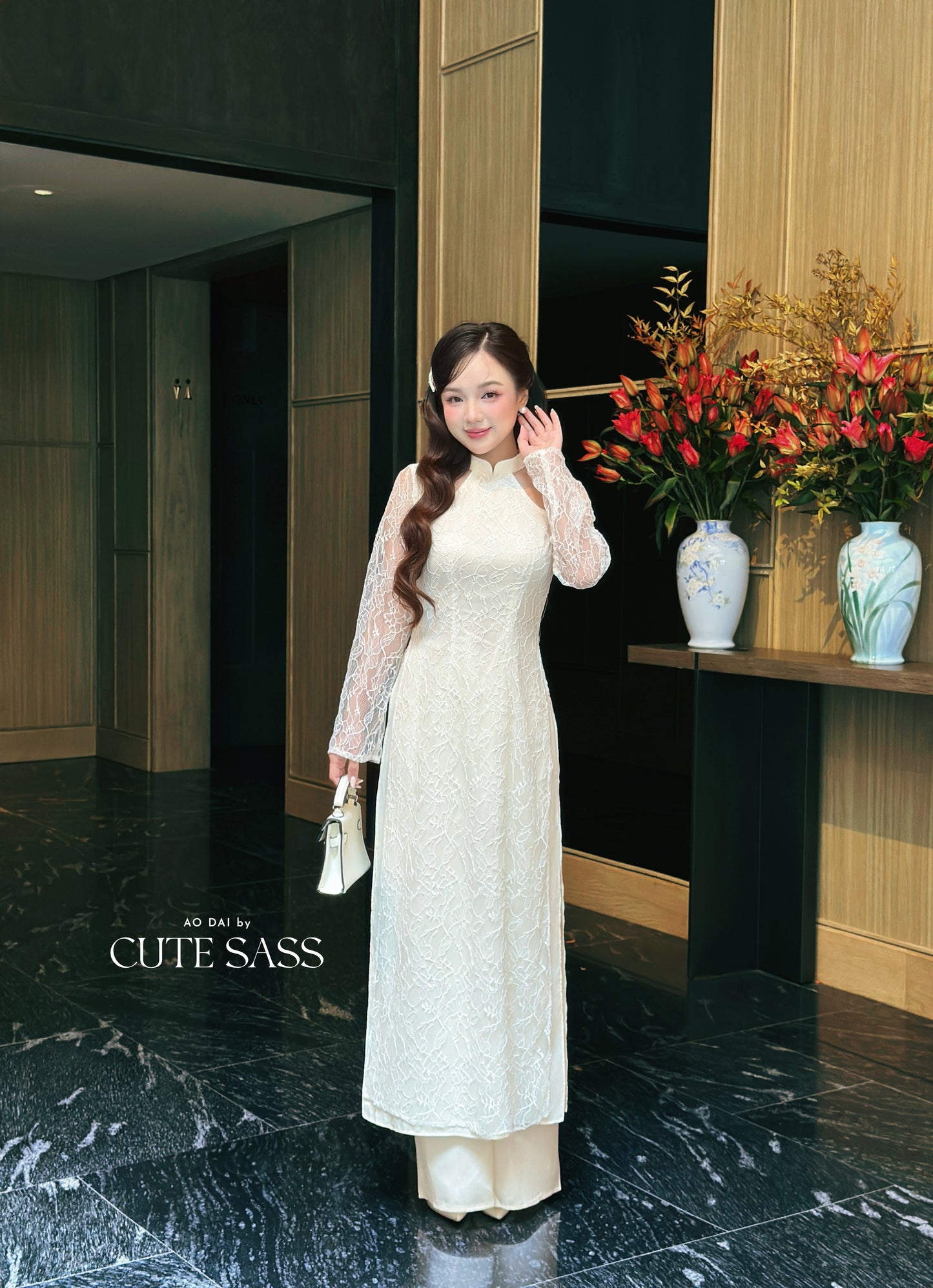 Linh Vy - Cream Lace Cutout Ao Dai Top Only, No Pants
