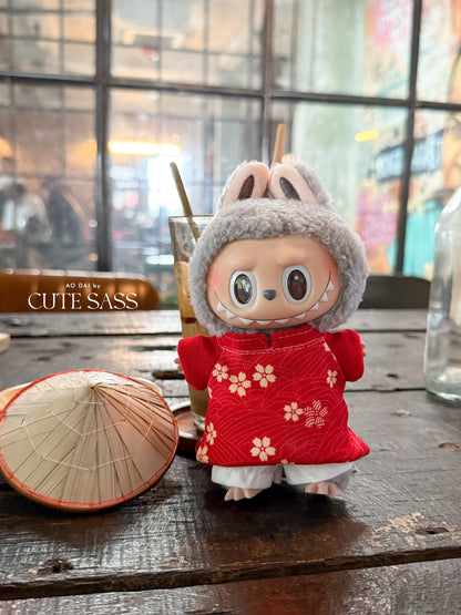 Red Daisy Mini Vietnamese Ao Dai Set for Labubu – Includes Pants & Pearl Necklace (Doll Not Included)