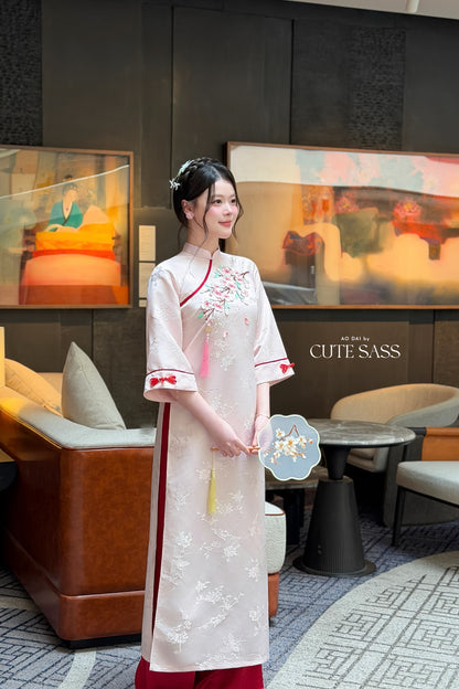 Cream Mid Sleeve 3D Cherry Blossoms Ao Dai Top Only, No Pants