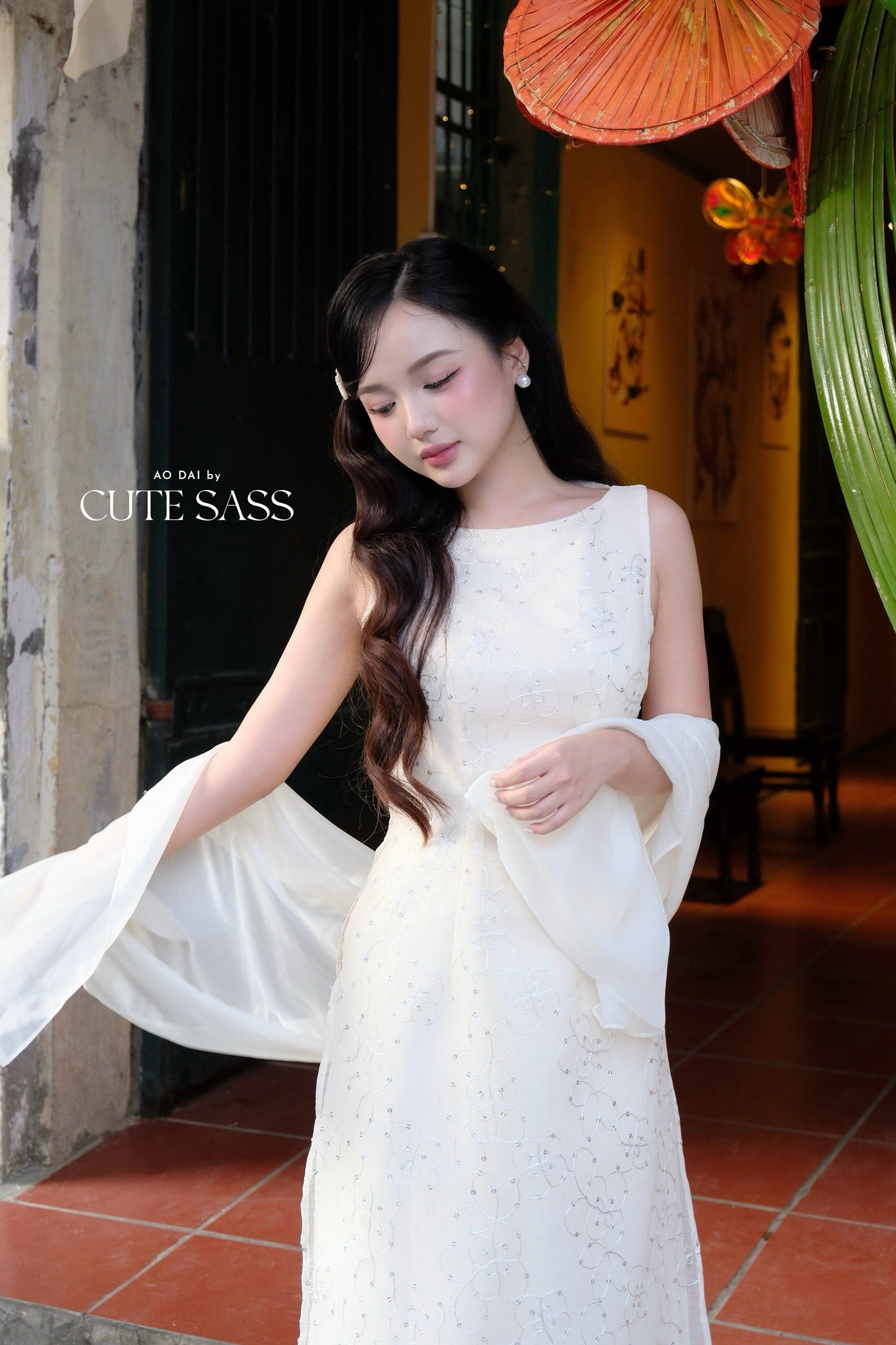 Linh Vy - Muse White Sleeveless Ao Dai Top Only and Shoulder Strings, No Pants