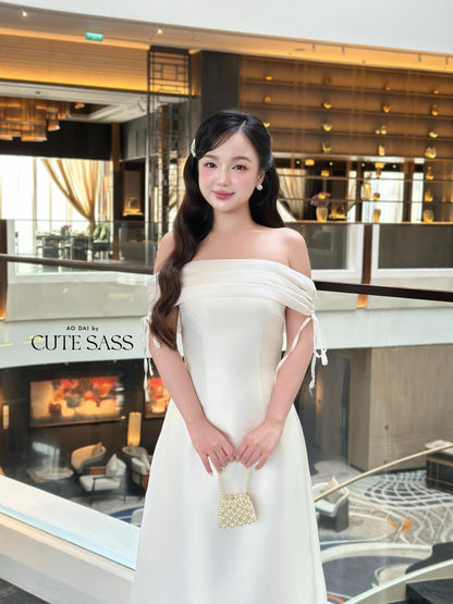 Linh Vy - Aura White Off the Shoulder Ao Dai Top Only, No Pants 2B