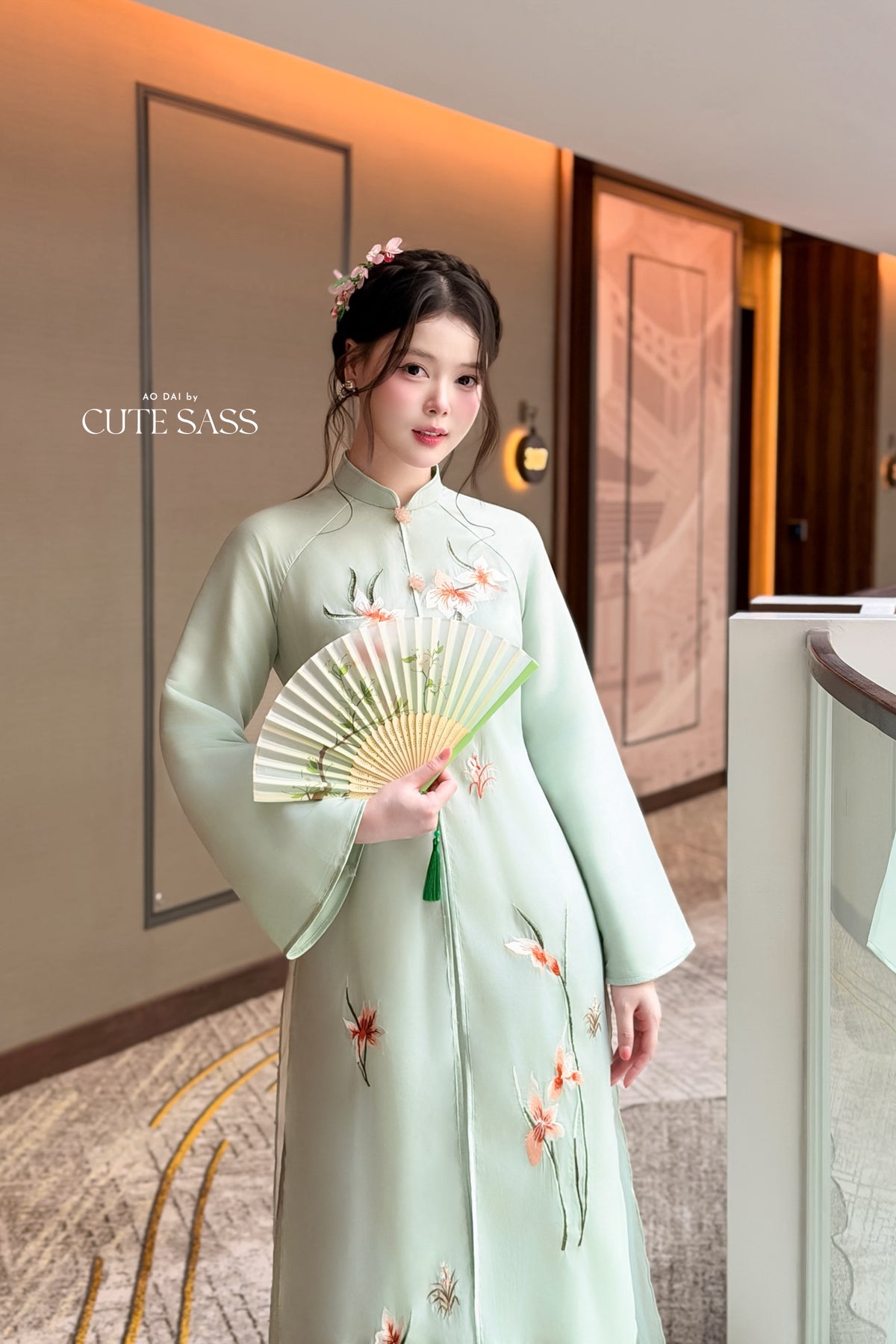 Cyan Front Slit Embroidery Iris Chiffon Ao Dai Top Only, No Pants