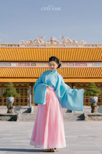 Ao Giao Linh Blue - Crossed-Collared Robe