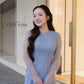 Linh Vy - Blue Lace Round Collar Puffy Sleeves Ao Dai Top Only, No Pants
