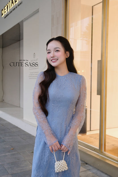 Linh Vy - Blue Lace Round Collar Puffy Sleeves Ao Dai Top Only, No Pants, 26B