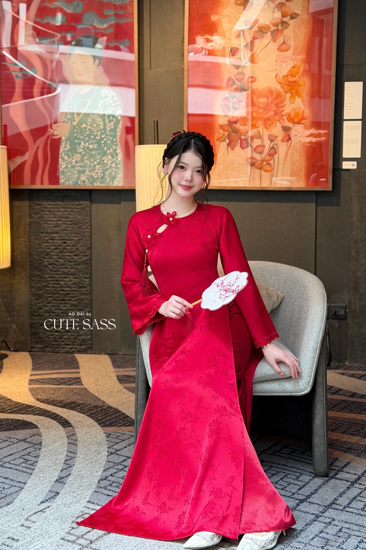 Red Silk Long Sleeve Round Collar Bow Ao Dai Top Only, No Pants