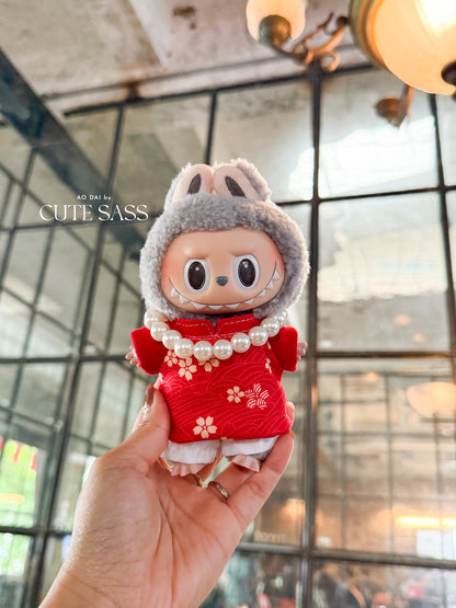 Red Daisy Mini Vietnamese Ao Dai Set for Labubu – Includes Pants & Pearl Necklace (Doll Not Included)