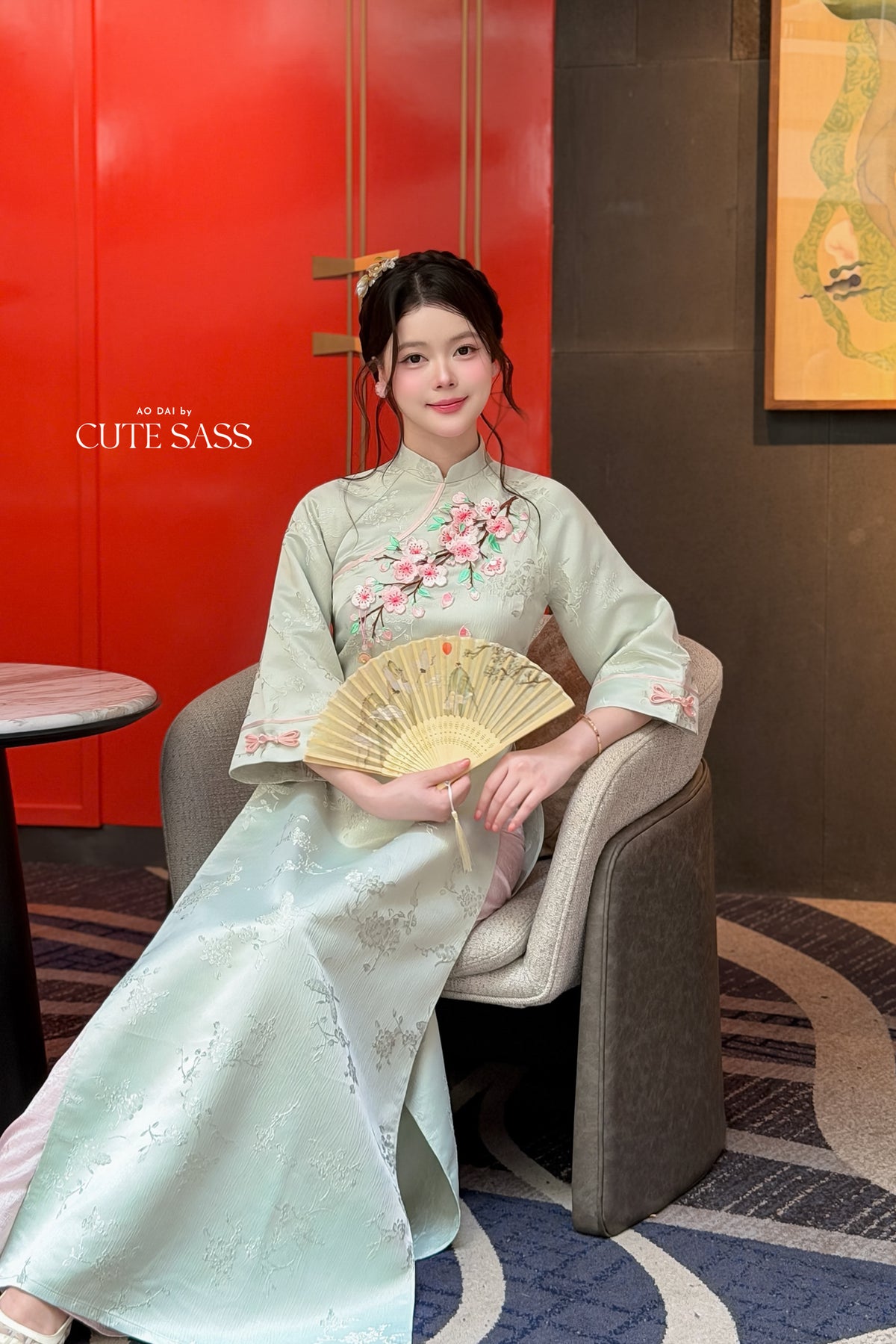 Cyan Mid Sleeve 3D Cherry Blossoms Ao Dai Top Only, No Pants