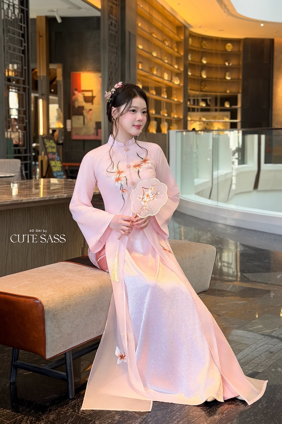 Pink Front Slit Embroidery Iris Chiffon Ao Dai Top Only, No Pants