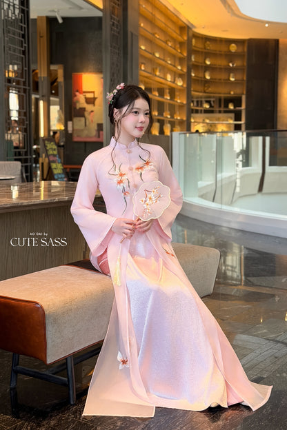 Pink Front Slit Embroidery Iris Chiffon Ao Dai Top Only, No Pants