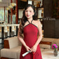 Linh Vy - Black/Red Glance Cross Halter Ao Dai Set