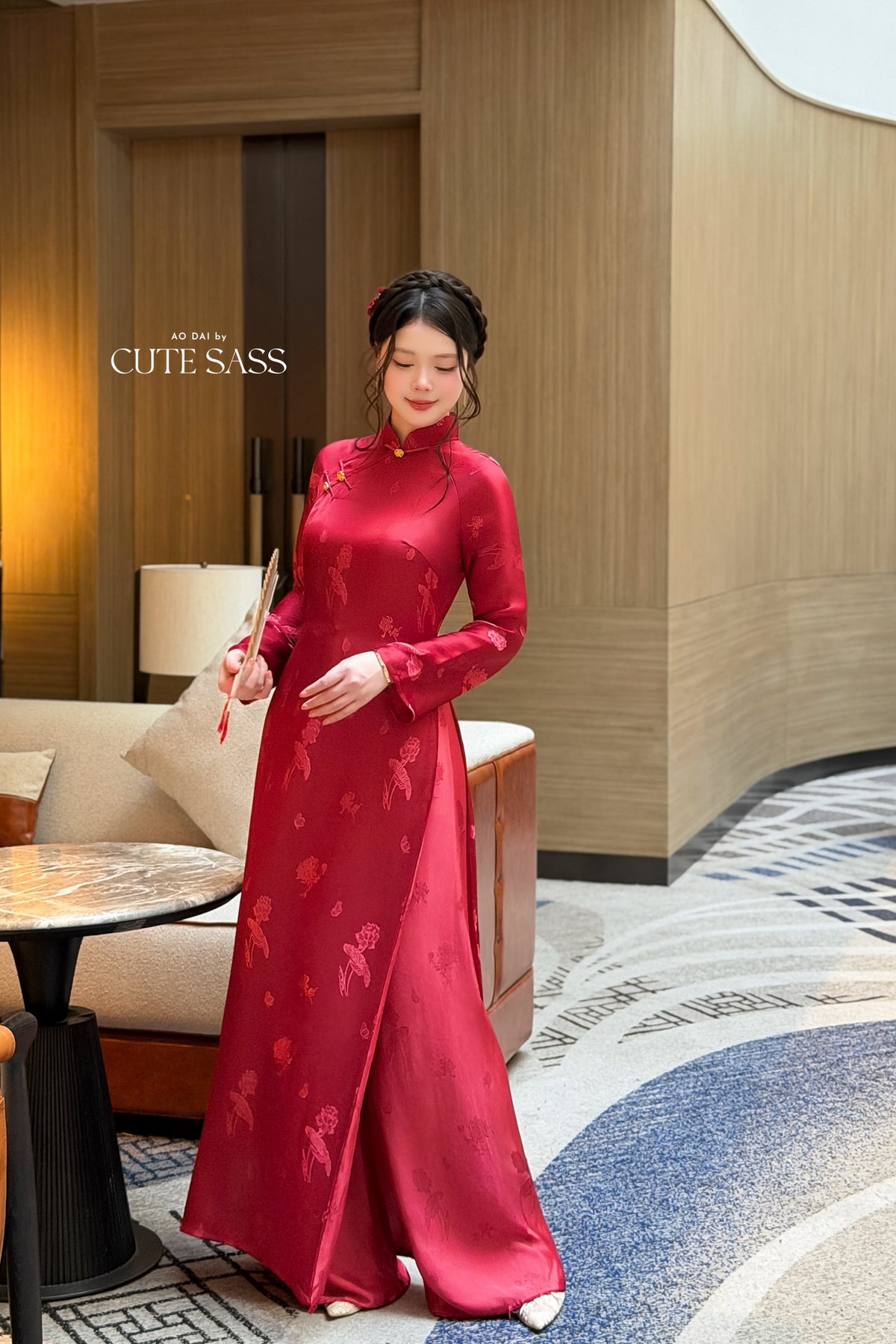 Red Silk Long Sleeve High Collar Ao Dai Set