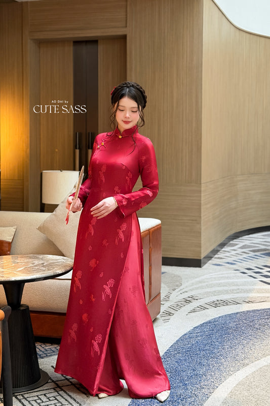 Red Silk Long Sleeve High Collar Ao Dai Set