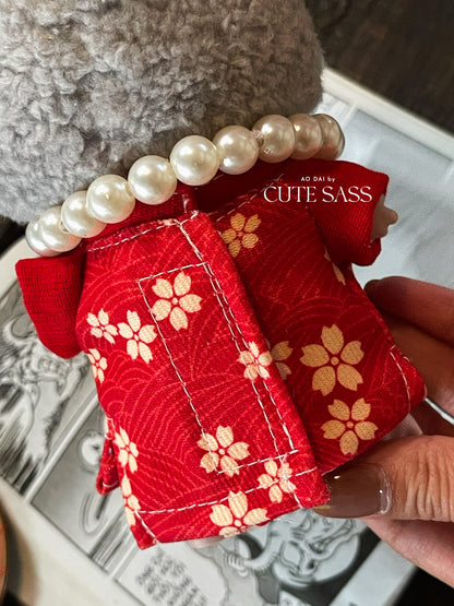 Red Daisy Mini Vietnamese Ao Dai Set for Labubu – Includes Pants & Pearl Necklace (Doll Not Included)