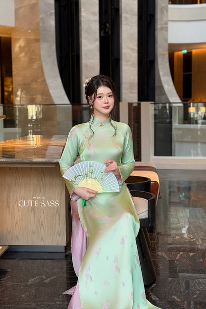 Cyan Silk Long Sleeve High Collar Ao Dai Set