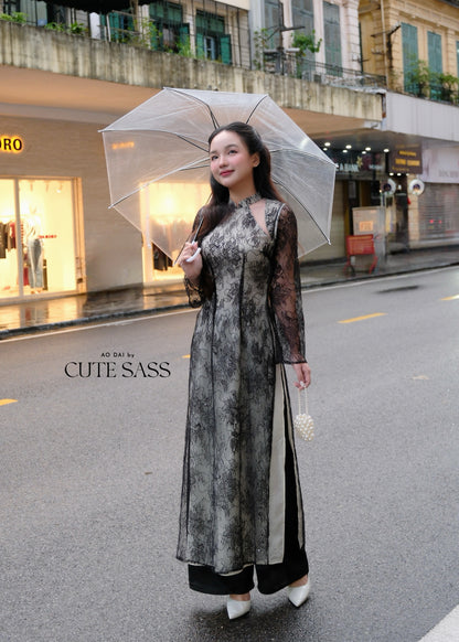 Linh Vy - Black Lace Cutout Ao Dai Top Only, No Pants 42D