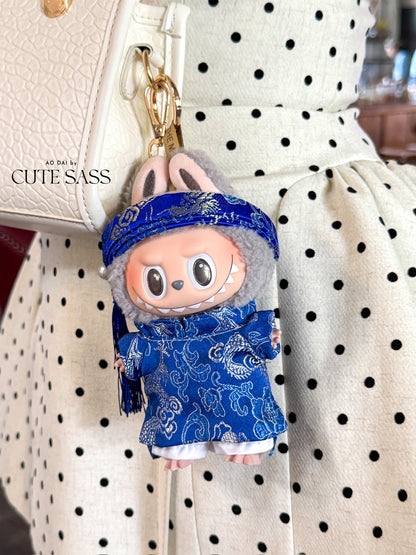 Blue Gam Vietnamese Ao Dai Set for Labubu – Includes Pants & Headband (Doll Not Included)