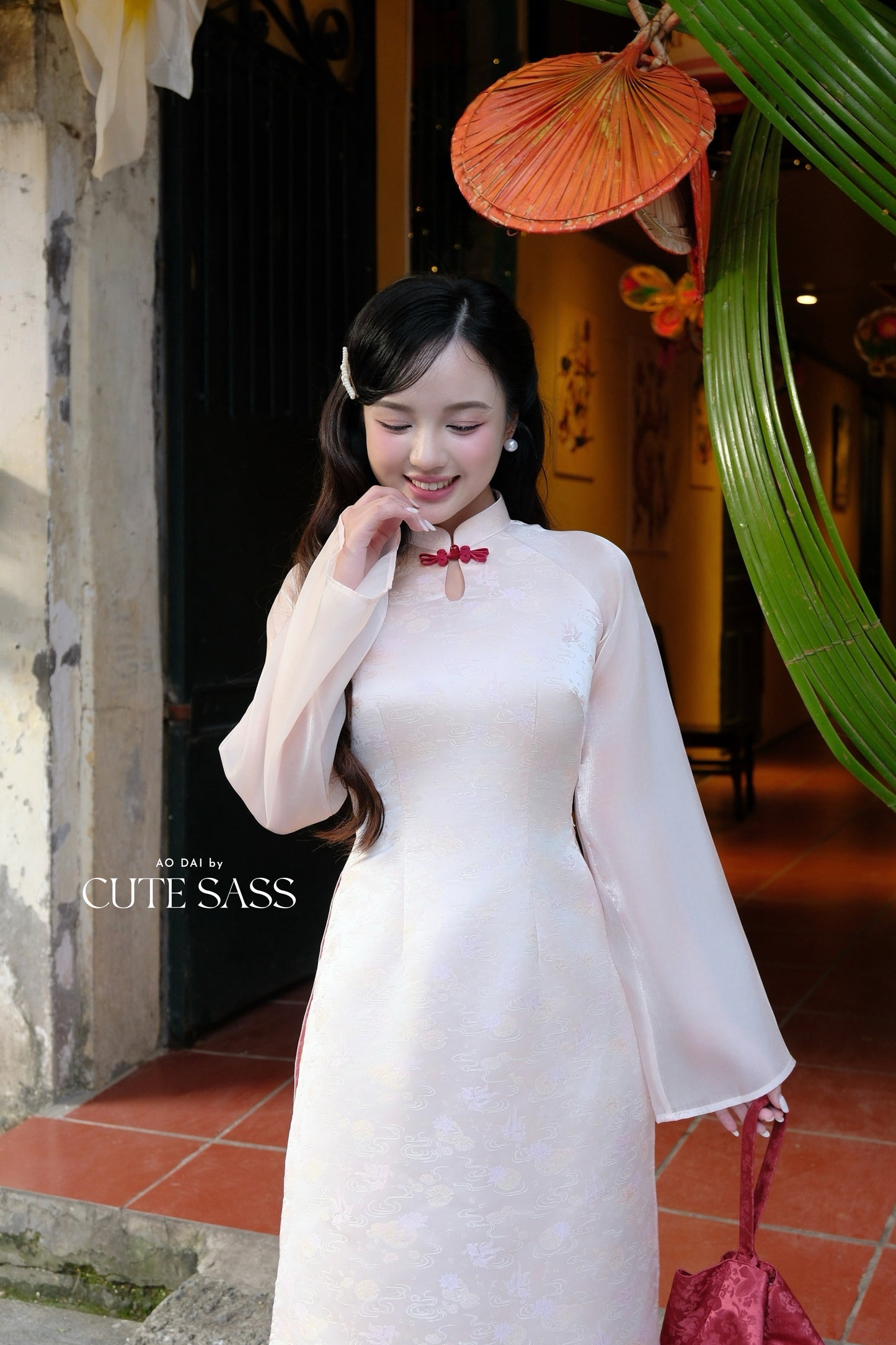 Linh Vy - Haze Cream Teardrop Cutout Red Knot Ao Dai Set