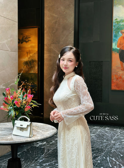 Linh Vy - Cream Lace Cutout Ao Dai Top Only, No Pants 22B