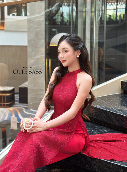 Linh Vy - Mom and Daughter Red Lace Sparkle Yem-Inspired Ao Dai Set, 6C