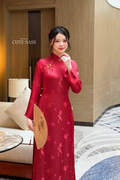 Red Silk Long Sleeve High Collar Ao Dai Set