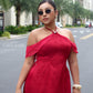 Linh Vy - Hush Red Halter Off Shoulder Wing Sleeve Ao Dai Top Only, No Pants