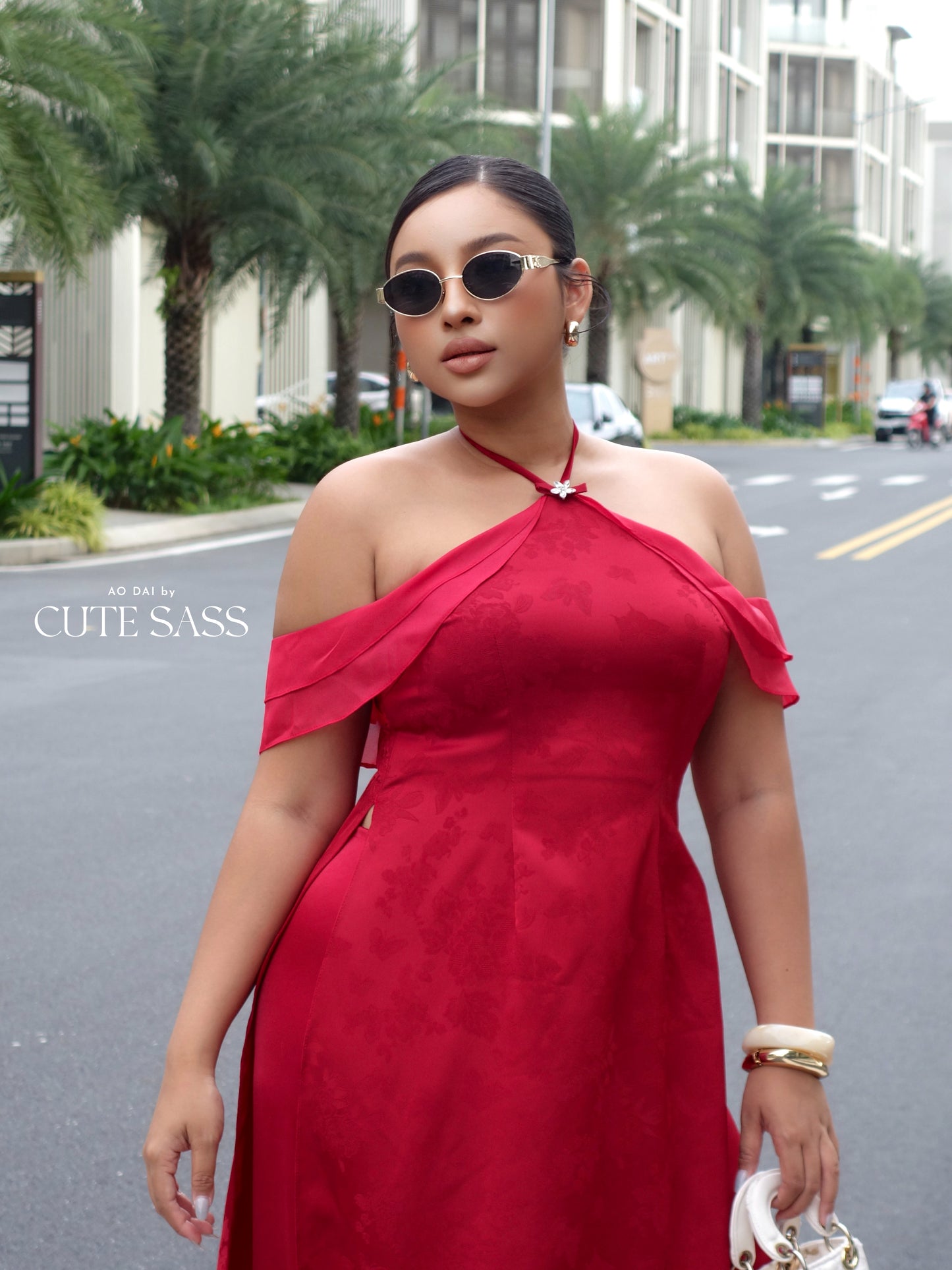 Linh Vy - Hush Red Halter Off Shoulder Wing Sleeve Ao Dai Top Only, No Pants