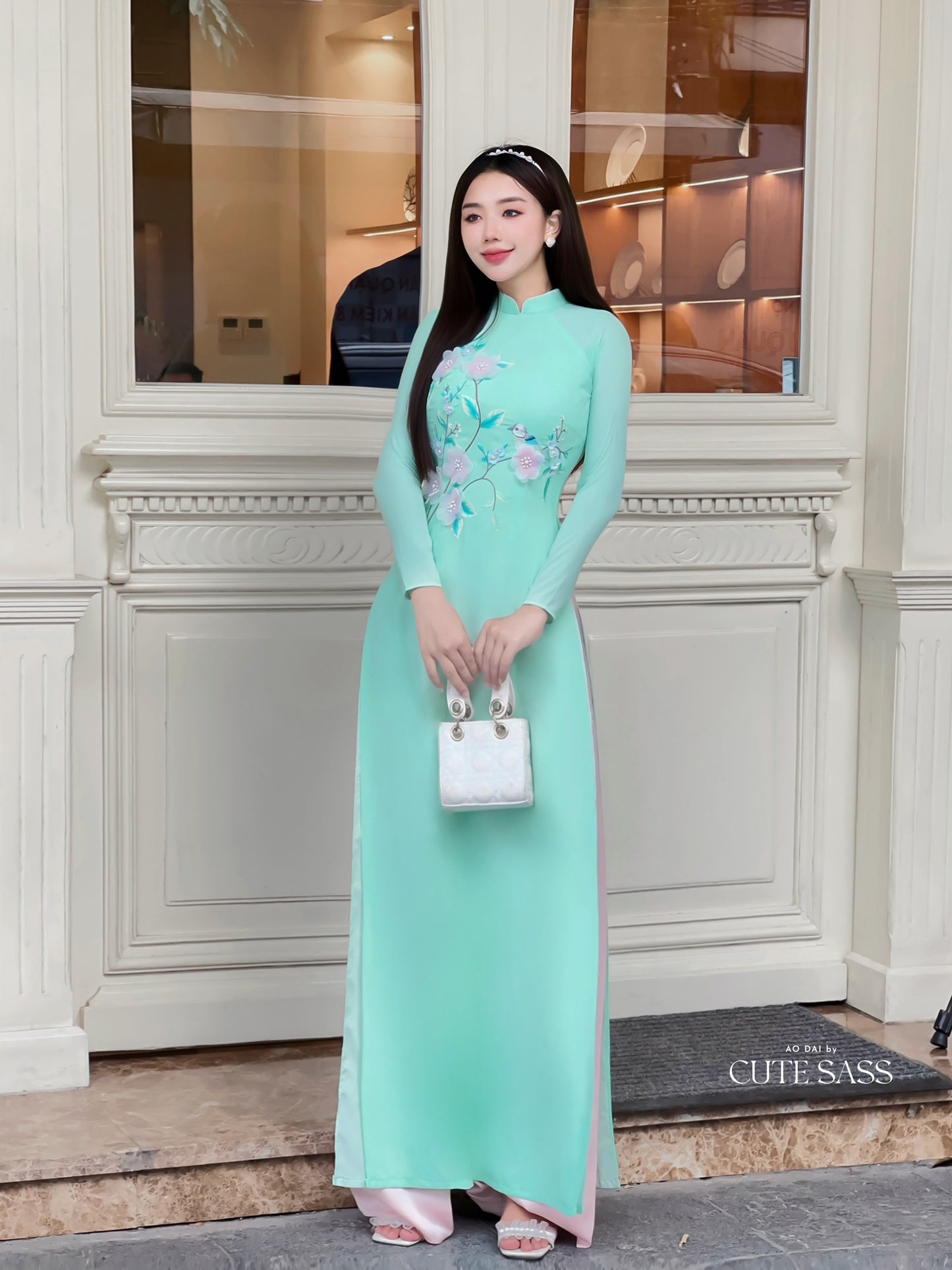 Cyan/Pink 3D Flowers Sparrow Chiffon Ao Dai Set