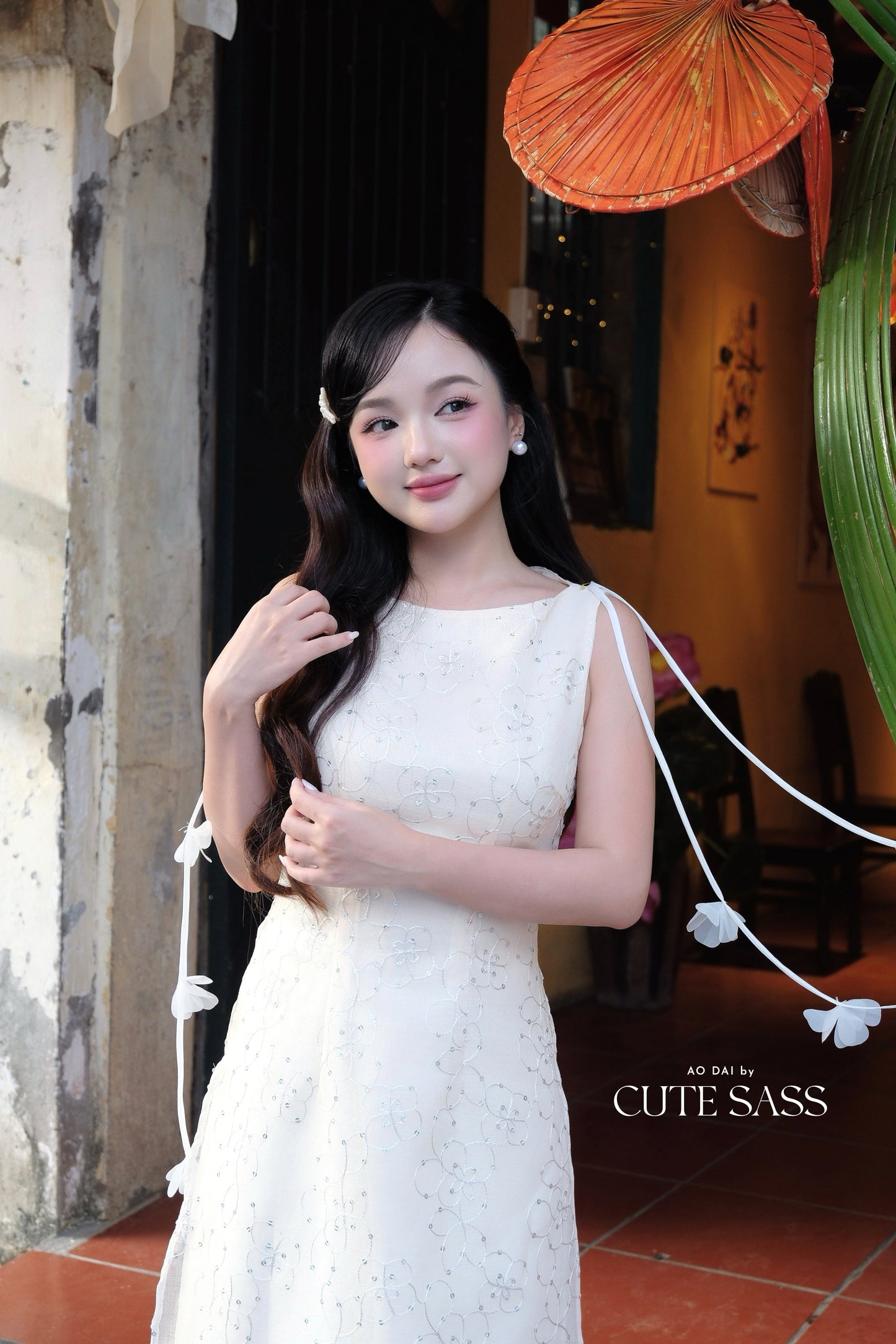 Linh Vy - Muse White Sleeveless Ao Dai Top Only and Shoulder Strings, No Pants