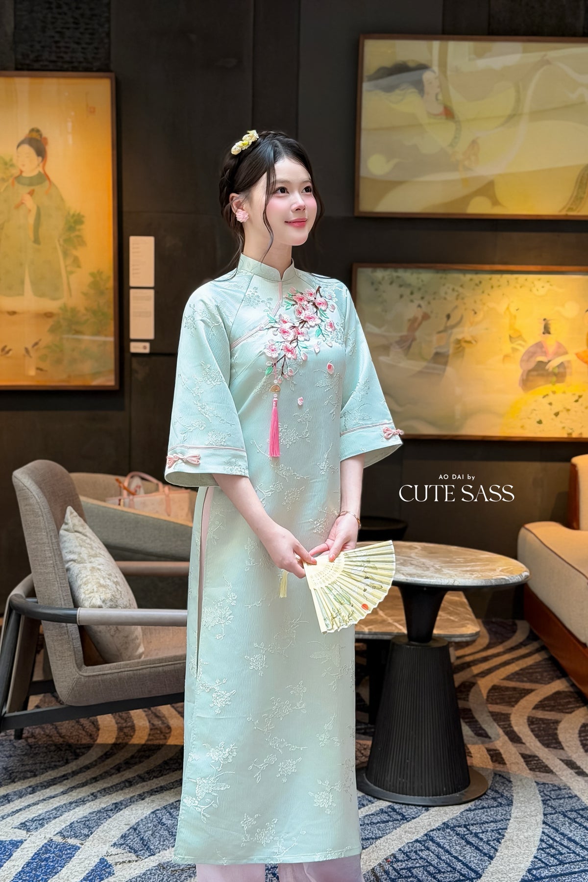 Cyan Mid Sleeve 3D Cherry Blossoms Ao Dai Top Only, No Pants