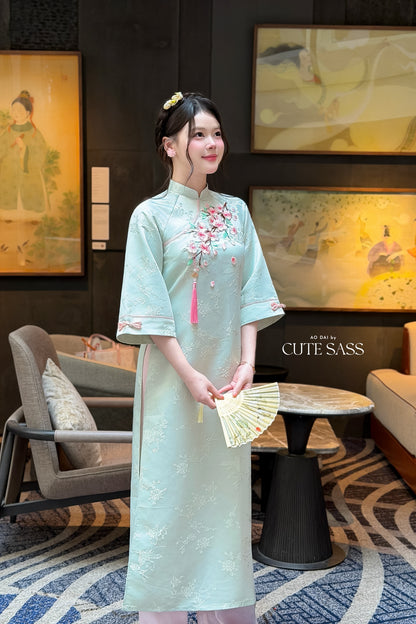 Cyan Mid Sleeve 3D Cherry Blossoms Ao Dai Top Only, No Pants