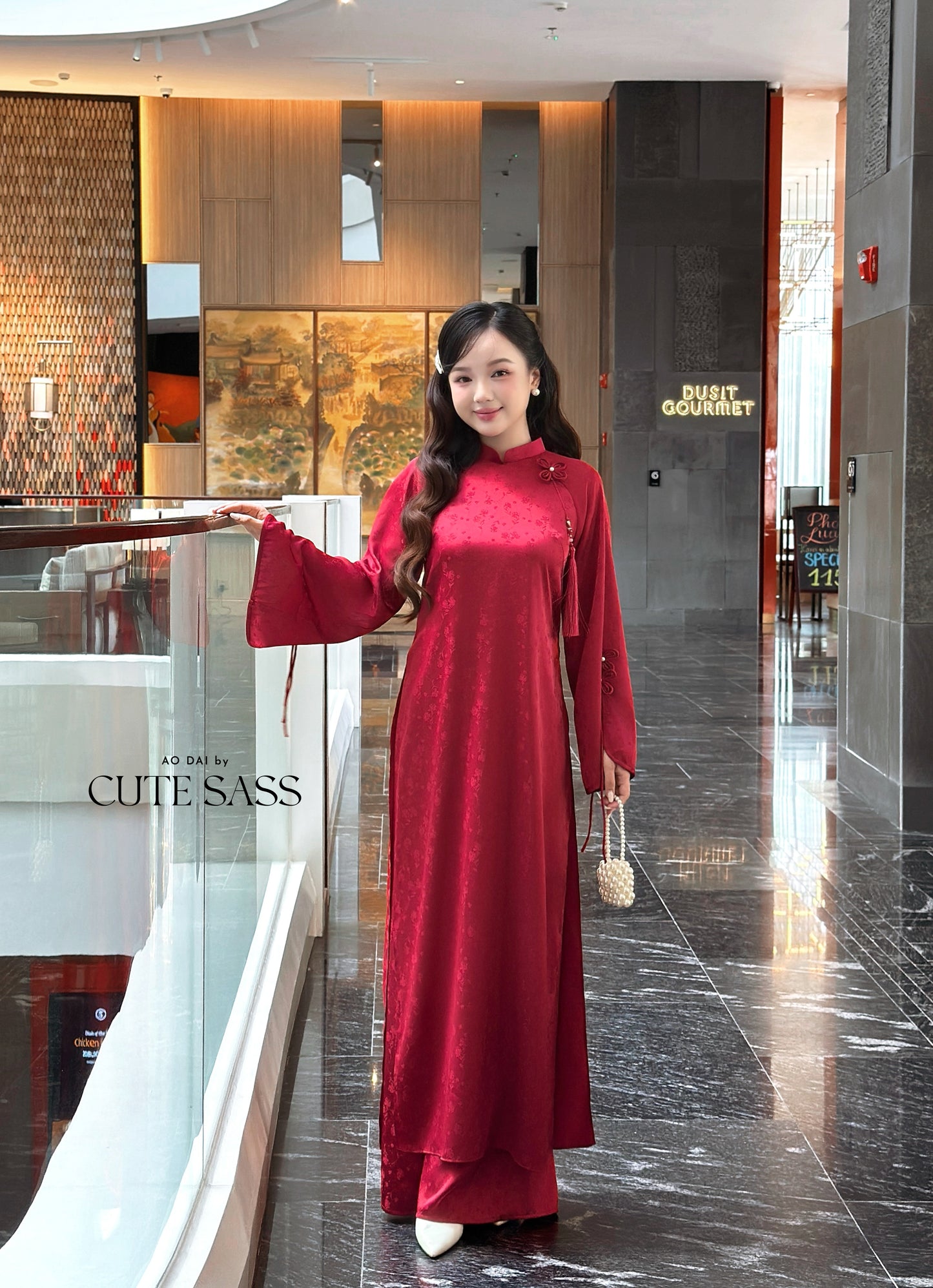 Linh Vy - Red Vows Long Sleeve Bows Ao Dai Set