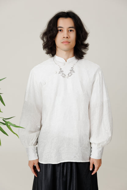 Vân - Gender Fluid White High Collar Barrel Sleeves Button Top, No Pants 60C