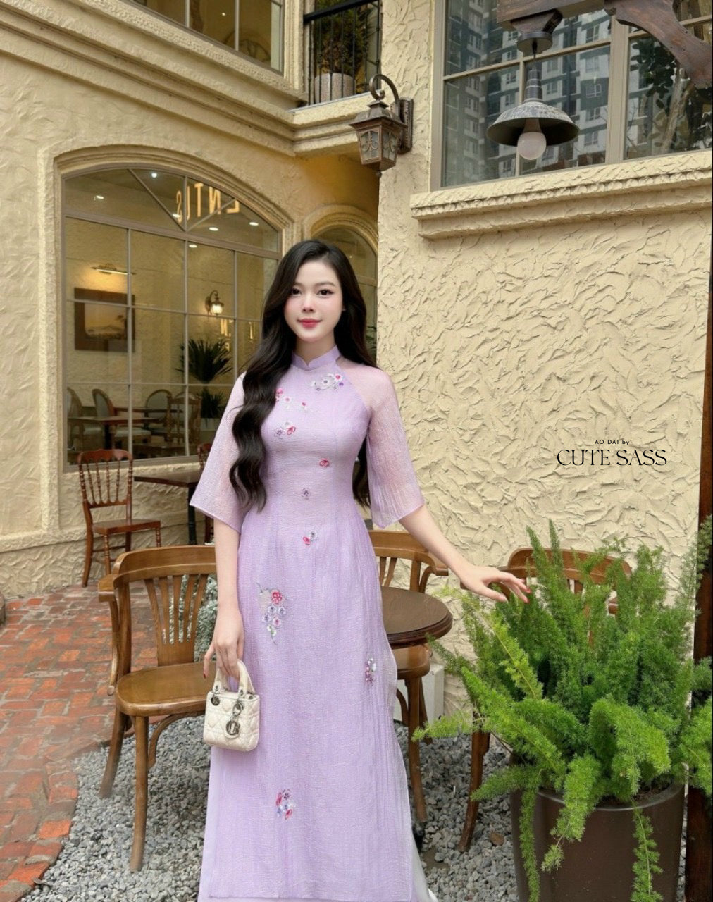 Purple Embroidery Chiffon Ao Dai Set