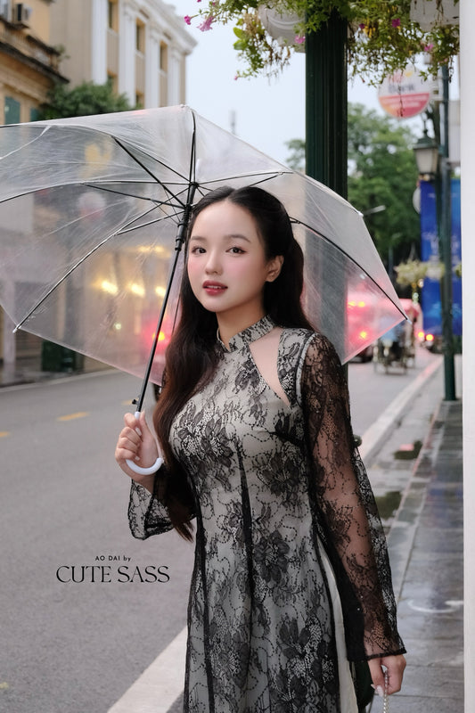 Linh Vy - Black Lace Cutout Ao Dai Top Only, No Pants