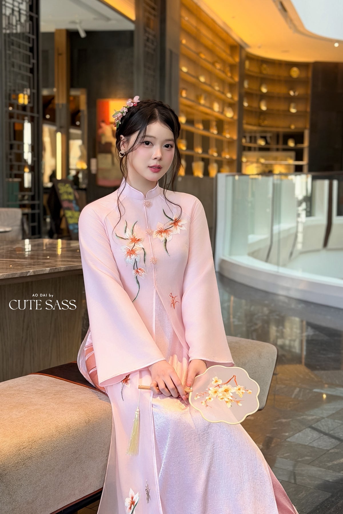 Pink Front Slit Embroidery Iris Chiffon Ao Dai Top Only, No Pants