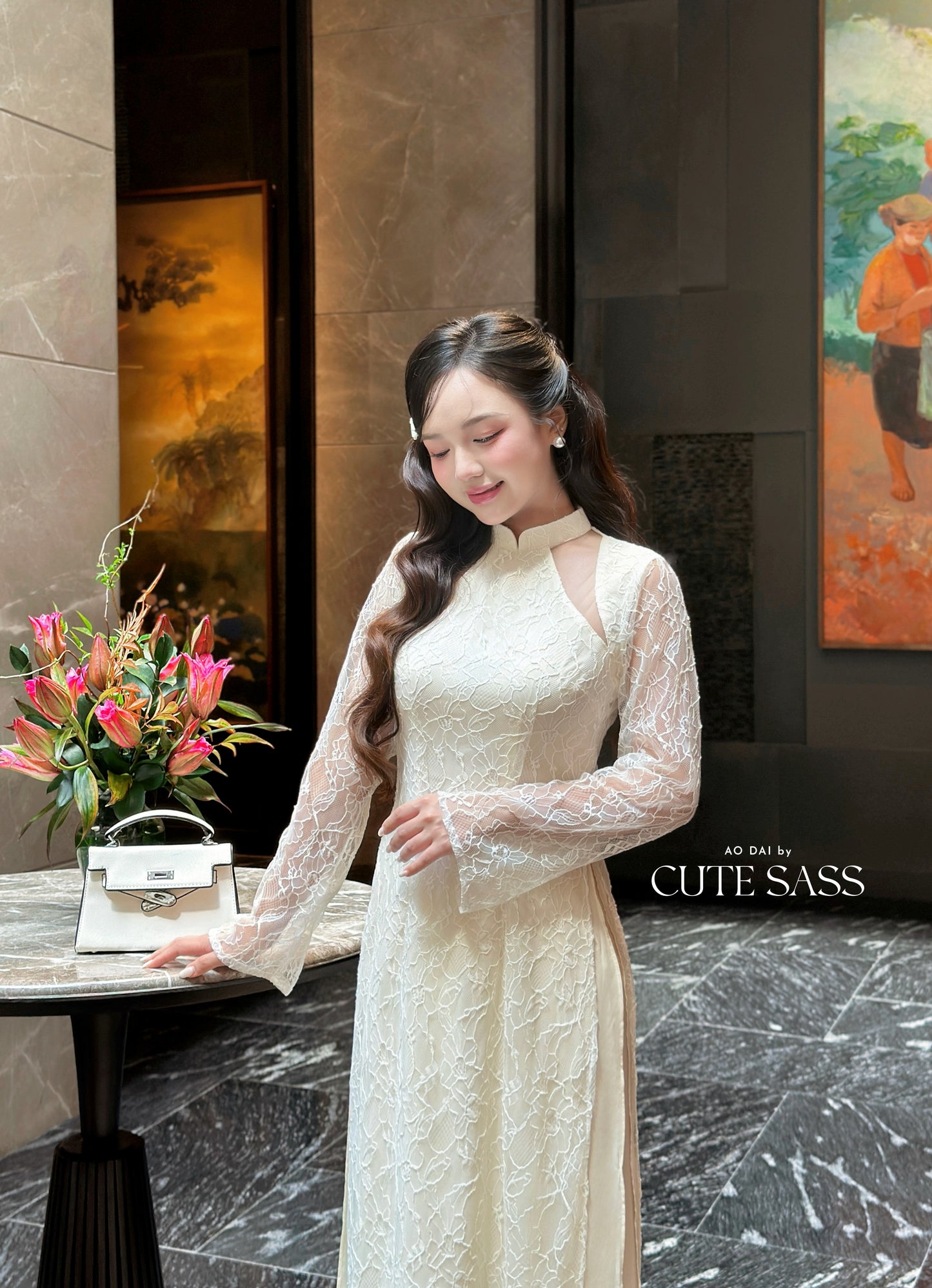 Linh Vy - Cream Lace Cutout Ao Dai Top Only, No Pants