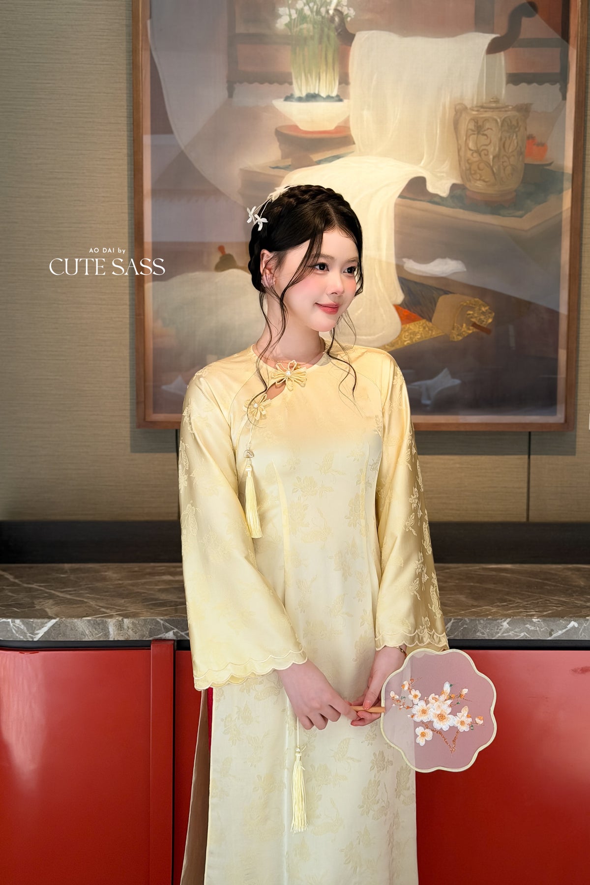 Yellow Silk Long Sleeve Round Collar Bow Ao Dai Top Only, No Pants
