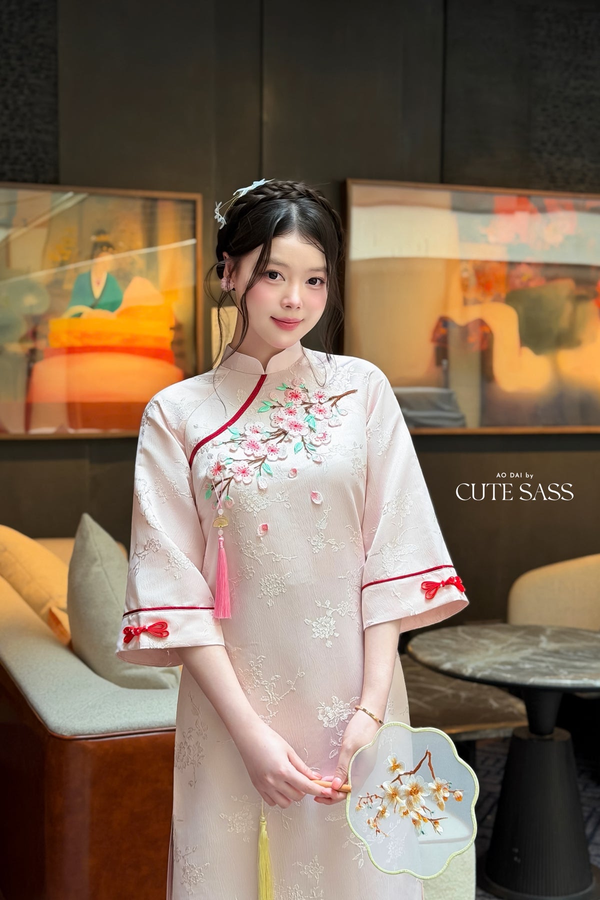 Cream Mid Sleeve 3D Cherry Blossoms Ao Dai Top Only, No Pants